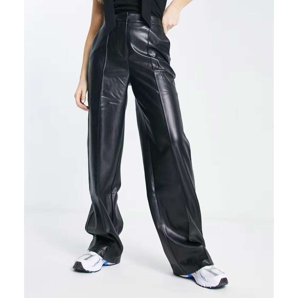 NA-KD x Angelica Blick Black Faux Leather PU Mid Rise Pants, size 36/US 6/S
